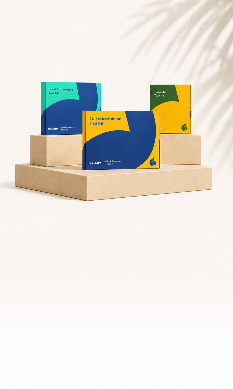 Feel Gut test kits on a bright tabletop with plants.